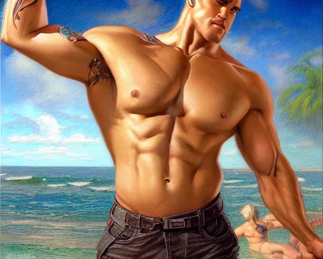 Image similar to handsome tattooed blonde gym bro by the water, synthwave painting by artgerm, gaston bussiere, craig mullins, j. c. leyendecker, tom of finland