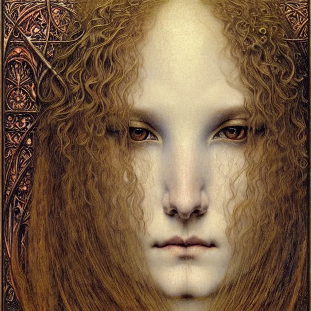 Image similar to detailed realistic beautiful young medieval queen face portrait by jean delville, gustave dore and marco mazzoni, art nouveau, symbolist, visionary, gothic, pre - raphaelite. horizontal symmetry