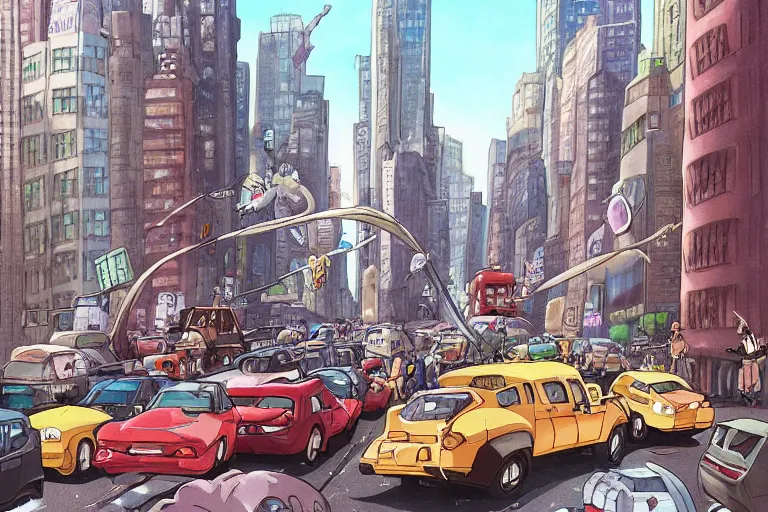 Image similar to catbus stuck in new york traffic jam. 4 k digital paint by studio ghibli hayao miyazaki. very sharp and detailed. trending on artstation and behance.