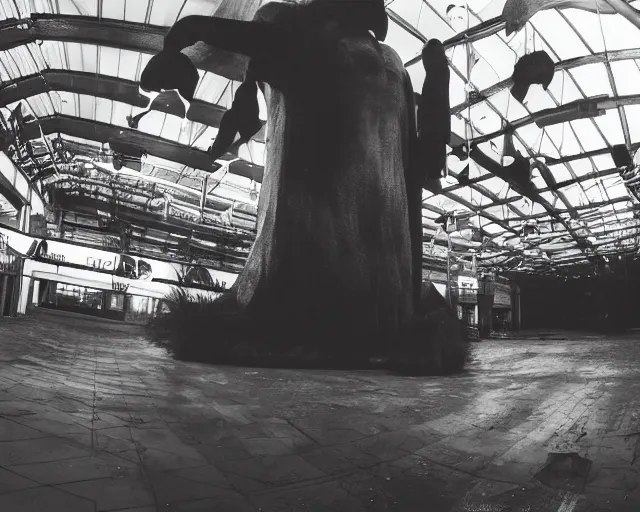 Image similar to camera footage of a giant Boogey man in an abandoned shopping mall, high exposure, dark, monochrome, camera, grainy, CCTV, security camera footage, timestamp, zoomed in, fish-eye lense, Enderman,