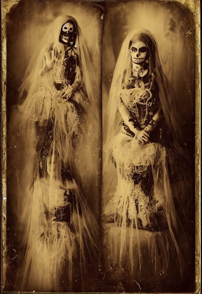 Image similar to tintype full body view, woman religous veil, dia de muertos dress and make up, corset garters and stockings, horrific beautiful vibe, evocative, atmospheric lighting, painted, intricate, highly detailed,