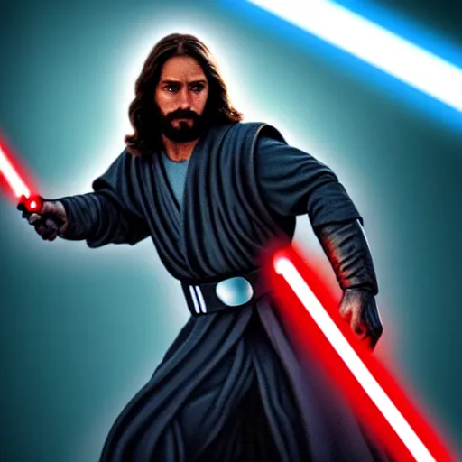 Image similar to jesus christ holding a lightsaber and fighting for the republic in star wars, 4 k, high resolution, still, landscape, hd, dslr, hyper realistic