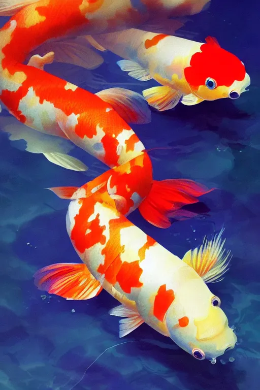 Prompt: a koi carp, colorful, blue backgroung,clean, joyful, close-up portrait, intricate, elegant, volumetric lighting, scenery, digital painting, highly detailed, artstation, sharp focus, illustration, concept art, ruan jia, steve mccurry