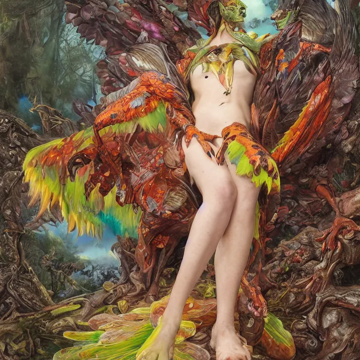 Prompt: a fashion editorial of sadie sinkwith hooves as a brightly colored eagle amphibian hybrid with wet translucent mutated skin. wearing a mutated organic dress. by tom bagshaw, donato giancola, hans holbein, walton ford, gaston bussiere, peter mohrbacher, brian froud and iris van herpen. 8 k, cgsociety
