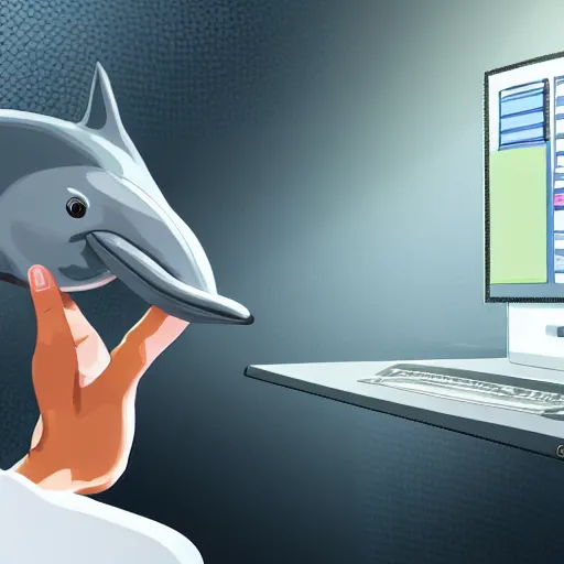 Image similar to An anthropomorphic grey dolphin in a white lab-coat playing games on a computer, digital painting, close-up, wearing a headset