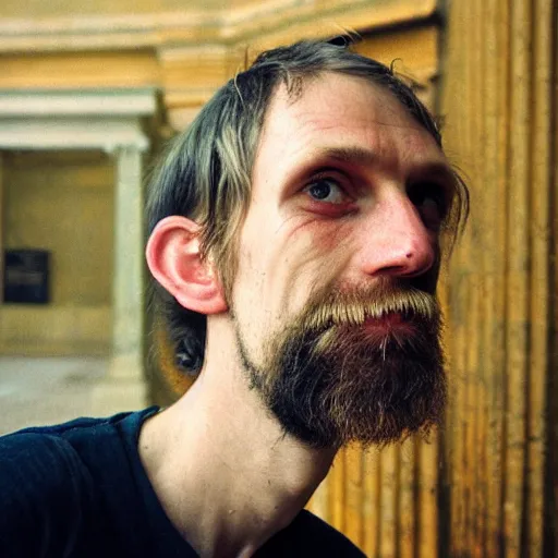 Image similar to far view, in british museum, extremely skinny malnourished redneck white male with long beard, wearing dirty overalls, dirty greasy face, grin, portrait, close up, kodak gold 2 0 0, 5 0 mm,