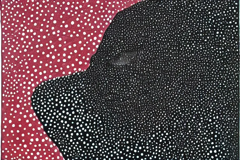 Image similar to black figure, faceless people dark, dots, drip, stipple, pointillism, technical, abstract, minimal, style of francis bacon, asymmetry, pulled apart, cloak, hooded cowl, made of dots, abstract, balaclava, colored dots, sploch