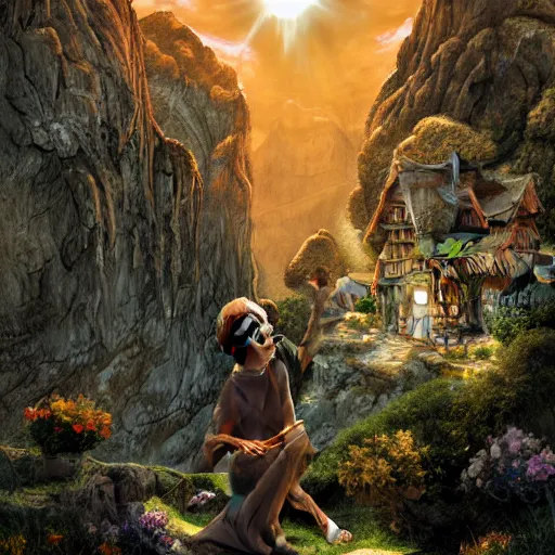 Image similar to my precious! - gollum / smeagol holds the ring high against the backdrop of a medieval village in switzerland, ornate, beautiful, atmosphere, vibe, flowers, concept art illustration, greg rutowski, volumetric lighting, sunbeams, particles