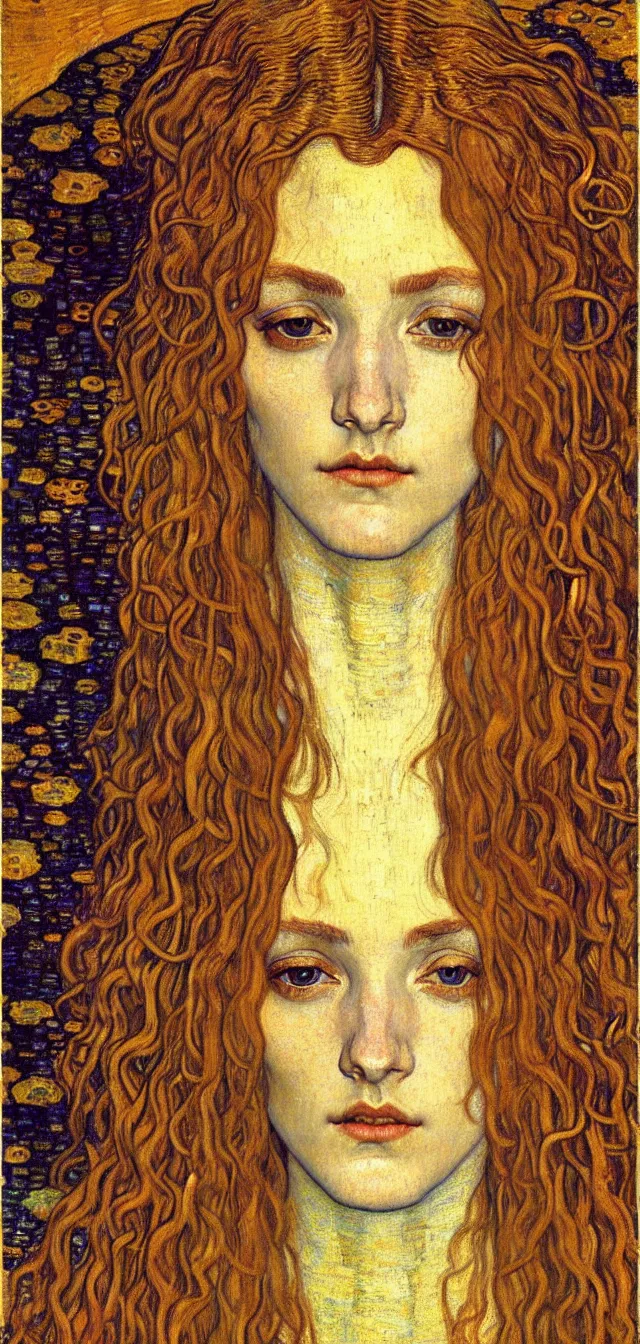 Image similar to detailed realistic beautiful young medieval queen face portrait by jean delville, gustav klimt and vincent van gogh, art nouveau, symbolist, visionary, gothic, pre - raphaelite, muted earthy colors, desaturated