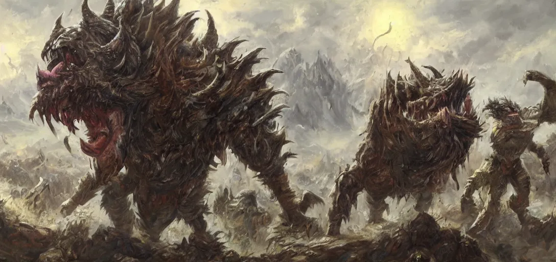 Prompt: oil painting of giant conquering orc beast in full tactical armor roars as it steps over it's fallen enemy's bodies