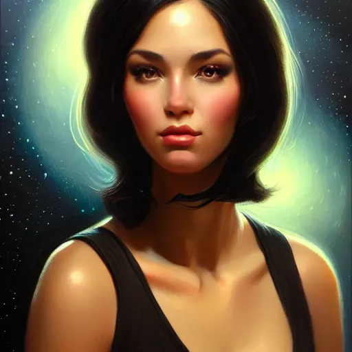 Image similar to a portrait of a very beautiful woman in a spacesuit, Alexandria\'s genesis, shoulder-length black hair, bored, illustration, soft lighting, soft details, painting oil on canvas by mark arian by artgerm, trending on artstation, 4k, 8k, HD