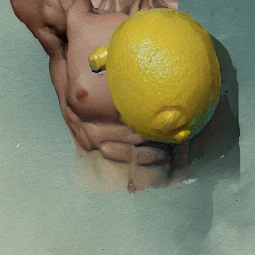 Prompt: lemon with muscular body of a human by greg rutkowski