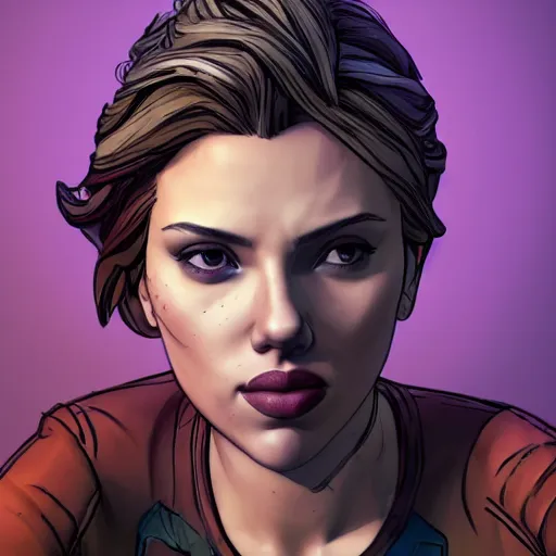 Image similar to scarlett johansson portrait, borderlands, tales from the borderlands, the wolf among us, comic, cinematic lighting, studio quality, 8 k