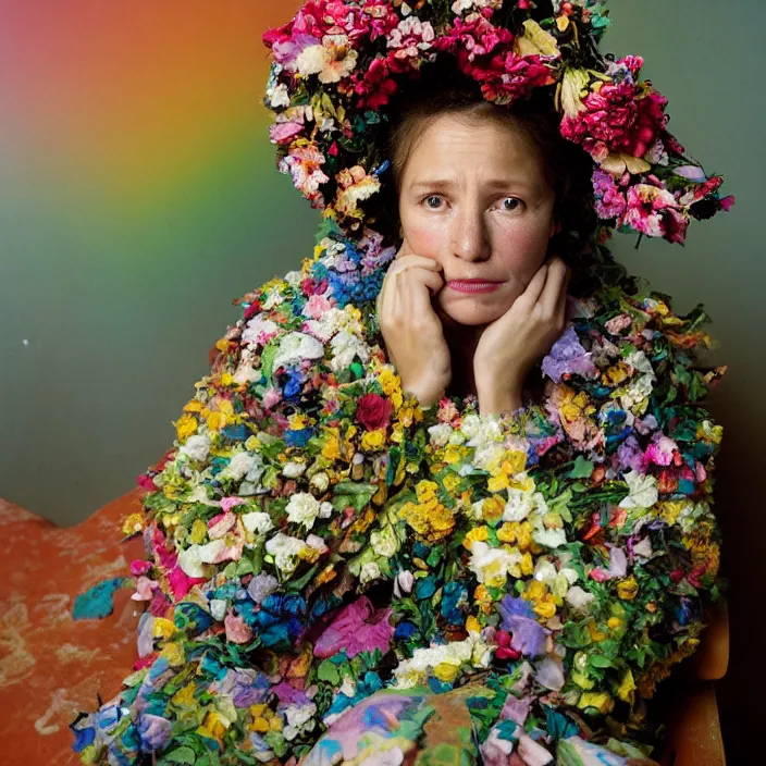 Prompt: closeup portrait of a woman with a hood made of flowers and rainbows, sitting in a chair in an abandoned house, by Annie Leibovitz and Steve McCurry, natural light, detailed face, CANON Eos C300, ƒ1.8, 35mm, 8K, medium-format print