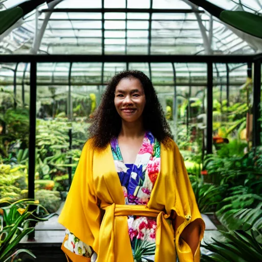 Image similar to medium photo portrait of a woman wearing a yellow kimono in a tropical greenhouse