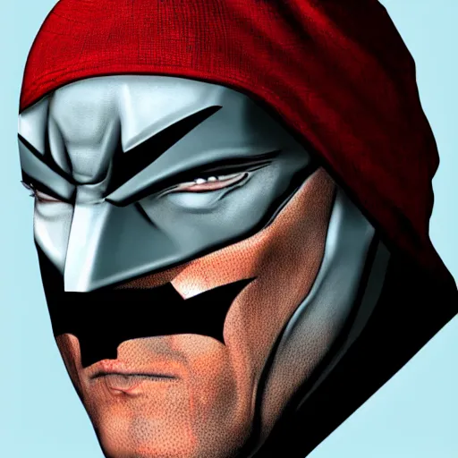 Prompt: photorealistic batman is wearing a red beanie. hyperdetailed photorealism