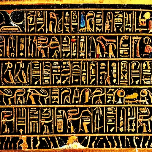 Prompt: egyptian hieroglyphics describing an alien invasion