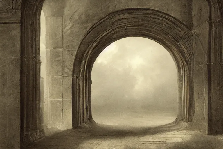 Image similar to dark and dreary dreamscape depicting an archway with prominent keystone