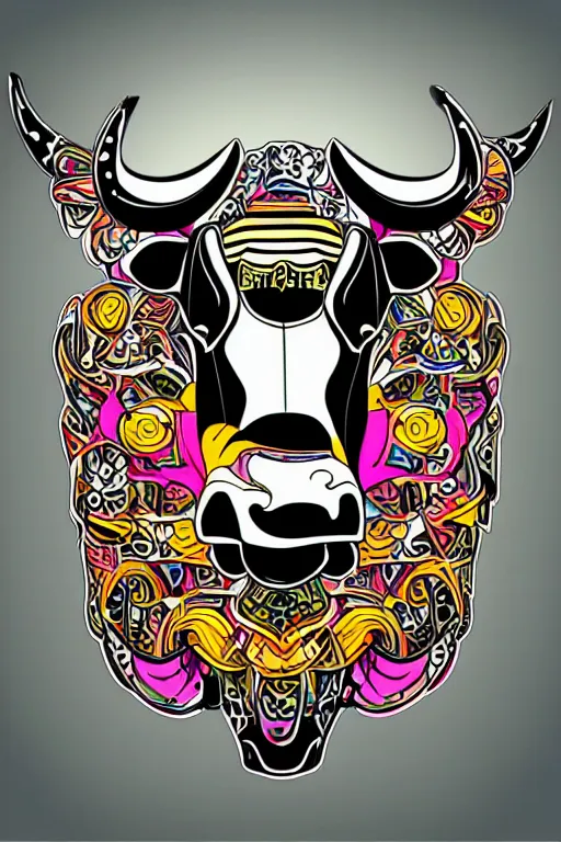 Image similar to A portrait of a bull on a motorcycle, sticker, highly detailed, colorful, illustration, smooth and clean vector curves, no jagged lines, vector art, smooth