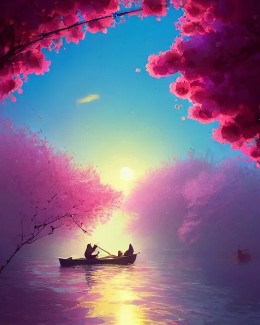 Image similar to a couple in a rowboat traveling down the river | cherry - blossoms | highly detailed | very intricate | serene romantic fantasy whimsical magical | soft bright natural morning light | pixar | award - winning | matte painting by anton fadeev and paul lehr and rhads and alena aenami | pastel color palette | featured on artstation