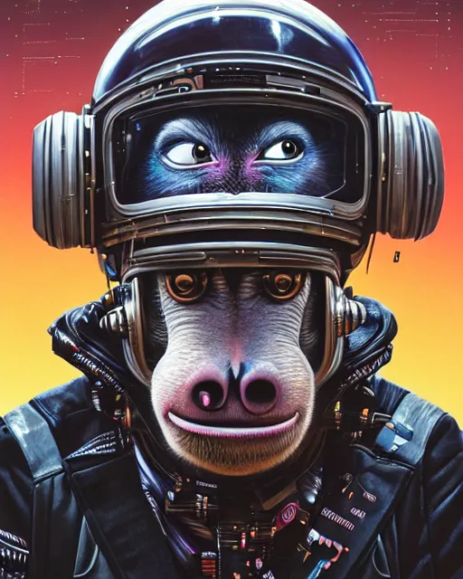 Prompt: a portrait of an anthropomorphic cyberpunk baboon in a crash helmet by sandra chevrier, detailed render, tape deck, epic composition, cybernetics, 4 k realistic, cryengine, realistic shaded lighting, sharp focus, masterpiece, by matteo scalera, gary montalbano, peter elson in the style of the tokyo ghost comic