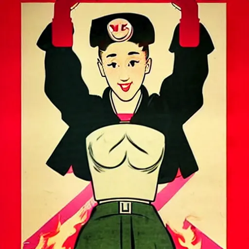 Image similar to how will we capture famous actor Ariana Grande? he is is causing trouble in this region. How do we stop him? NO Ariana GrandeS ALLOWED. Ariana Grande is the subject of this ukiyo-e hellfire eternal damnation catholic strict propaganda poster rules religious. WE RULE WITH AN IRON FIST. mussolini. Dictatorship. Fear. 1940s propaganda poster. 1950s propaganda poster. 1960s propaganda poster. WAR WAR WAR, ANTI Ariana Grande. 🚫 🚫 Ariana Grande. POPE. art by joe mugnaini. art by dmitry moor. Art by Alfred Leete.