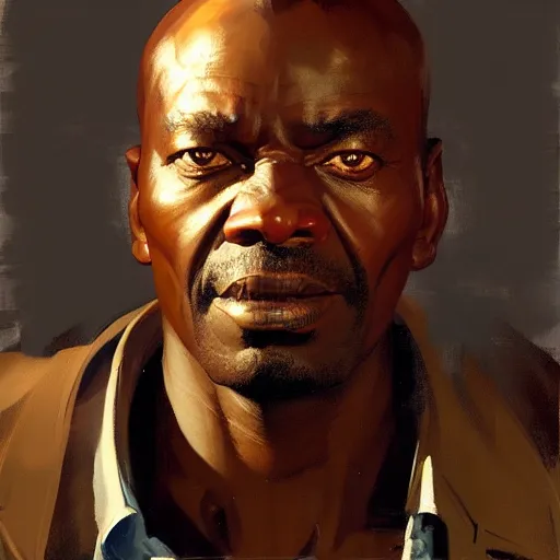 Prompt: Greg Manchess portrait painting of a skinny 50 year old African businessman character, villain, medium shot, athletic, asymmetrical, profile picture, Organic Painting, dramatic light, matte painting, bold shapes, hard edges, street art, trending on artstation, by Huang Guangjian and Gil Elvgren and Sachin Teng