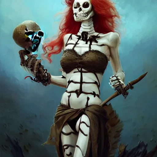 Prompt: cute & beautiful smug smiling undead skeleton girl with very attractive face and red hair dressed as a pirate, elegant, digital art, fullbody painting, fantasy, pixar style, painting, pin up, highly detailed, artstation, art by artgerm, vrubel, greg rutkowski, ilya kuvshinov, raymond swanland