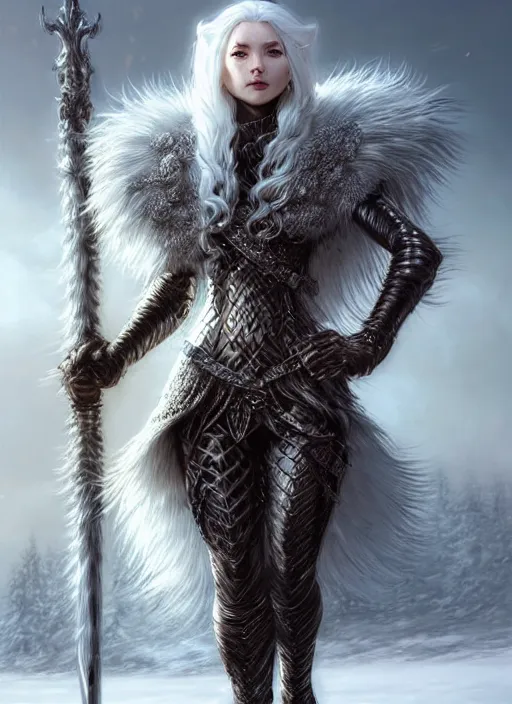 Image similar to fur coated armor!!! long wild white hair!! covered chest!!! fantasy, d & d, intricate ornate details, symmetry, concept art, sharp focus, illustration, art by artgerm! greg rutkowski magali villeneuve wlop! ilya kuvshinov!!, octane render, unreal engine 5, highly rendered!!