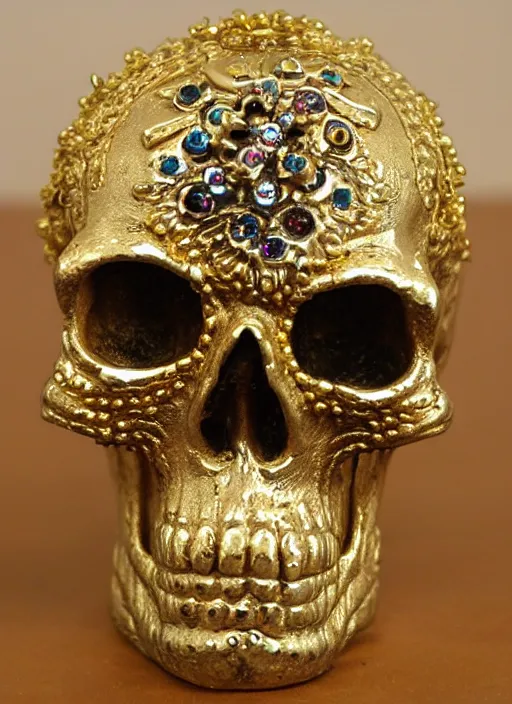 Image similar to ornate gold skull realistic 3 d covered in jewels antique