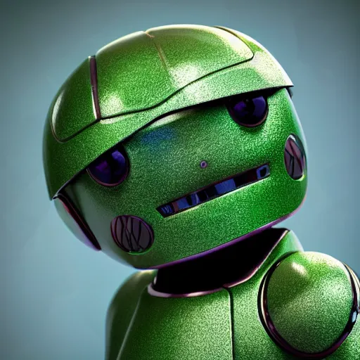 Image similar to adorable green robot, glossy render, symmetrical face, symmetrical eyes, rendered with octane, unity 5, 3 0 9 0 ti, portrait, great lighting, close up