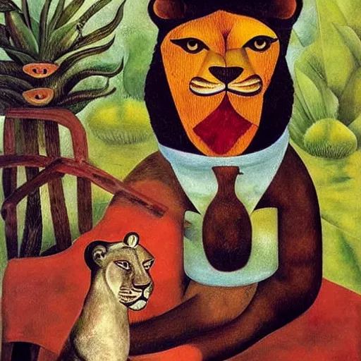 Prompt: a lion with a massive headache by frida kahlo