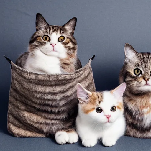 Prompt: a highly detailed photo of multiple furry cats, they are inside a big bag, gray background, studio lighting, 4 k, 8 k