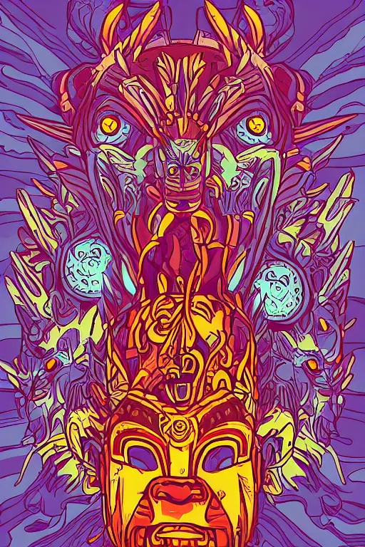 Image similar to totem animal mask tribal feather gemstone plant wood rock shaman vodoo video game vector cutout illustration vivid color borderlands comics by josan gonzales and dan mumford radiating a glowing aura