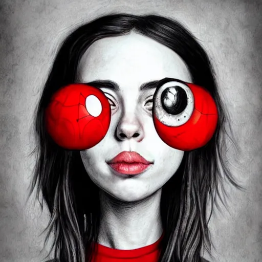 Prompt: surrealism grunge cartoon portrait sketch of billie eilish with a wide smile and a red balloon by - michael karcz, loony toons style, spider-man style, horror theme, detailed, elegant, intricate