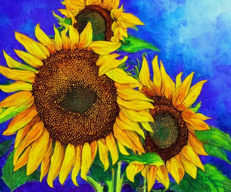 Prompt: sunflowers, william henrits, hovik zohraybyan, water painting, bright colors, sunlight, happy, peaceful, serene, joy