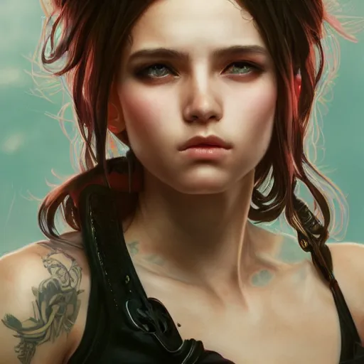 Image similar to highly detailed portrait of a punk young lady by by Artgerm,Greg Rutkowski,Alphonse Mucha, 4k resolution