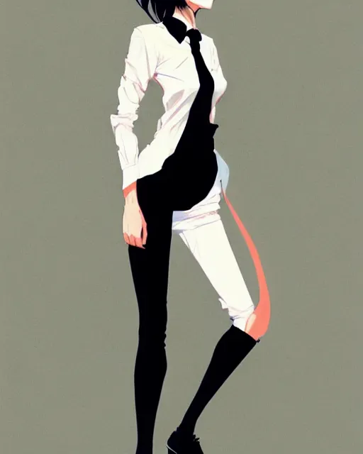 Image similar to a ultradetailed full body portrait of a woman dressed in a white shirt with a tie, by conrad roset, greg rutkowski and makoto shinkai trending on artstation