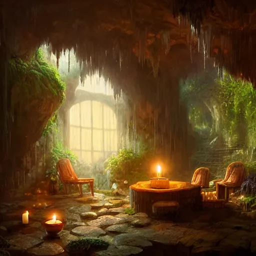 Prompt: cozy bathhouse hidden in a cave, candlelight, towels, cushions, natural light, lush plants and flowers, elegant, intricate, fantasy, atmospheric lighting, by Greg rutkowski