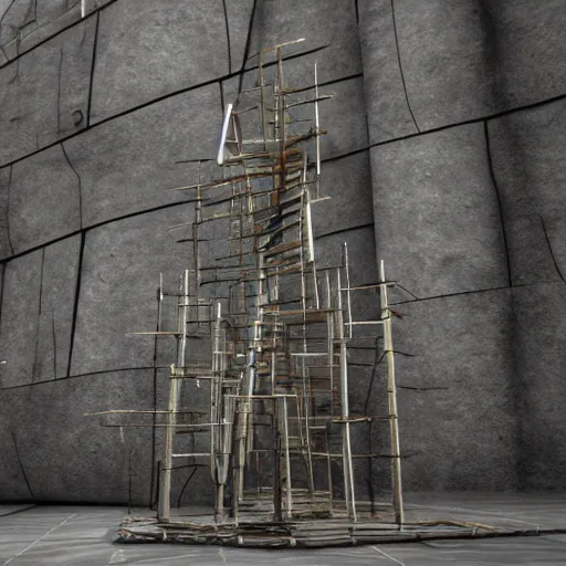 Prompt: scaffolding sculpture made with rock, wood, steel and metal, macro details, photorealistic, cinematic light, 3 d rendering, higly detailed, minimalist, made with unreal engine, cgsociety, by yves tanguy, by nate boyce, by david smith