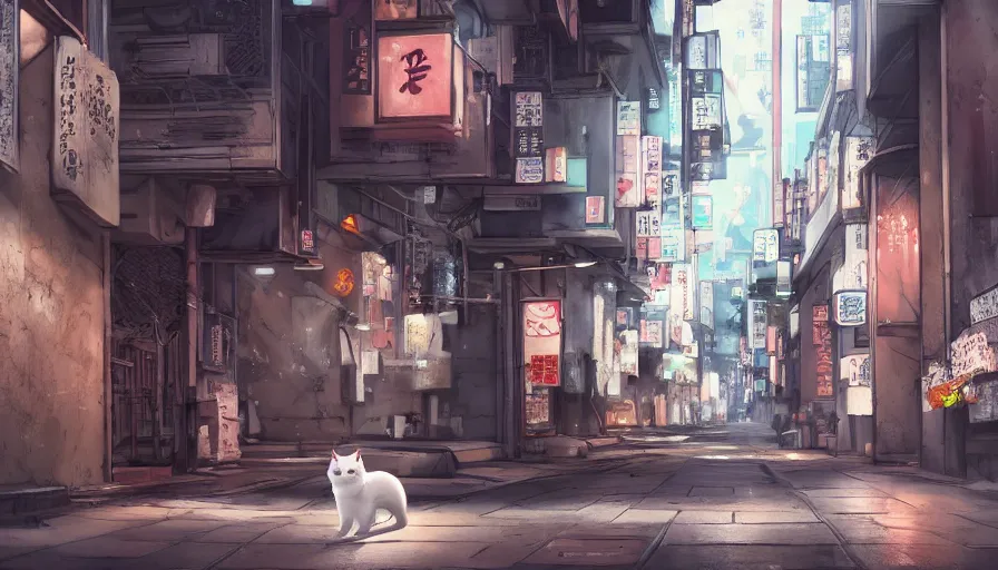 Prompt: White cat walking in the alleys of Tokyo, hyperdetailed, artstation, cgsociety, 8k