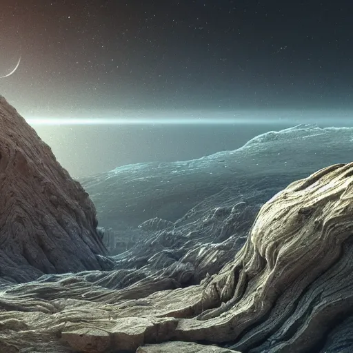 Prompt: dream of an intricate planet landscape with dischroic labradorite painting photography ultra realism full landscape + ultra-hd + weta digital + intricate details + micro detail + vray + cinematic + sharpened + vfx + bleak and gray + volumetric bright lights +SYD MEAD STYLE + insane detail + denoise + 8k hyper realistic + octane render