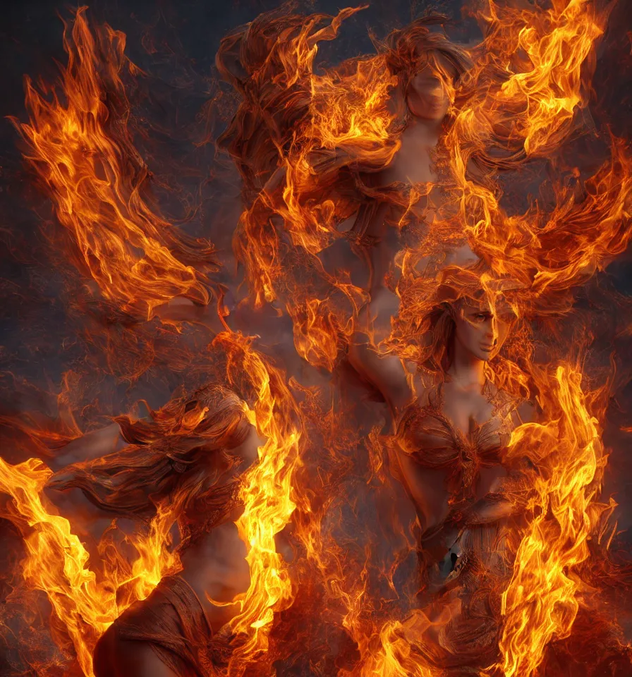 Image similar to goddess of flame, 8 k resolution, ultra realistic, detailed,