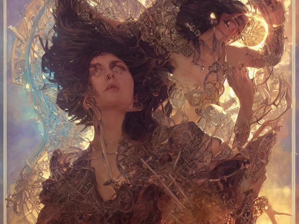 Image similar to ultra realistic tarot photoreal poster cj miles as a cyber shamanic witch casting am eldritch wizard spell, intricate, elegant, highly detailed, digital painting, artstation, concept art, smooth, sharp focus, illustration, art by artgerm and greg rutkowski and alphonse mucha