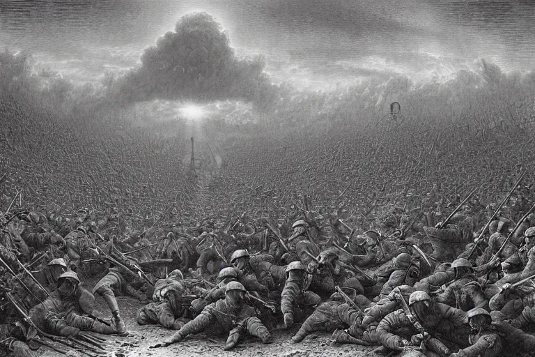 Image similar to highly detailed painting of world war 2, symmetrical, masterpiece, highly detailed painting by gustave dore