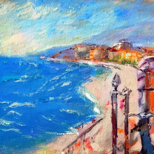 Image similar to by the sea , Naples, Italy, Expressive impressionist style, painted with a palette knife