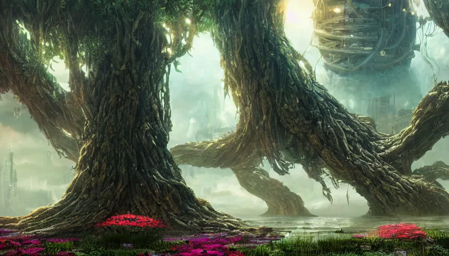 Prompt: ben lo illustration of the largest tree in the world inside rapture in the center of a lake, bioshock concept art, solarpunk, hopeful, colorful, flowers, deity, unreal engine, hyper realism, realistic shading, cinematic composition, realistic render, octane render, detailed textures, photorealistic, wide shot