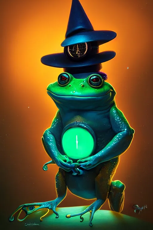 Prompt: Bioluminescent, portrait of frog wearing wizard hat, very intricate , trending on artstation , very elegant, in the golden hour by Daniel Merriam, Trending on Artstation, oil on Canvas by Elena Zhurikhina and Goro Fujita and Charlie Bowater, octane render, 4k, 8k, HD