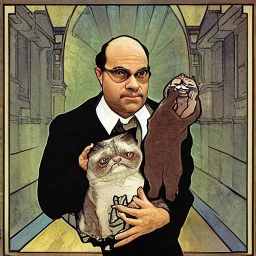 Image similar to “ george costanza from seinfeld holding grumpy cat aloft, halo, art nouveau, by alphonse mucha ”