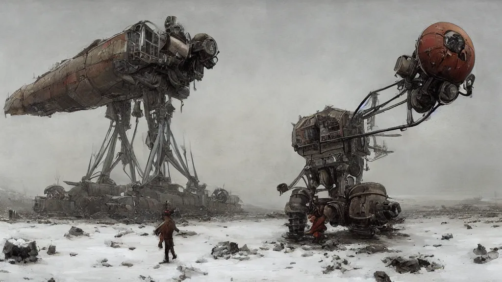 Image similar to 1920's broken down bipedal walker mech in the snowy tundra, oil drill in the distance, steampunk airship above, painted by Jakub Rozalski